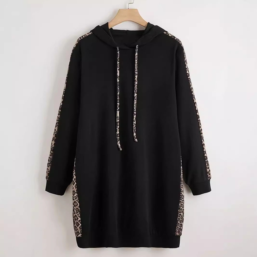 Plus Size Side Leopard Print Drawstring Hoodie