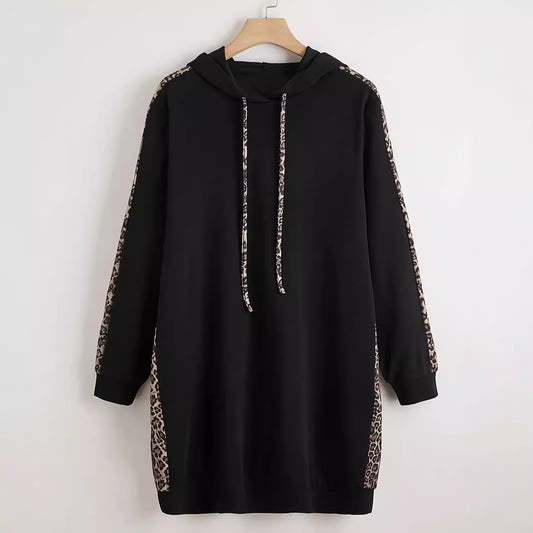 Plus Size Side Leopard Print Drawstring Hoodie