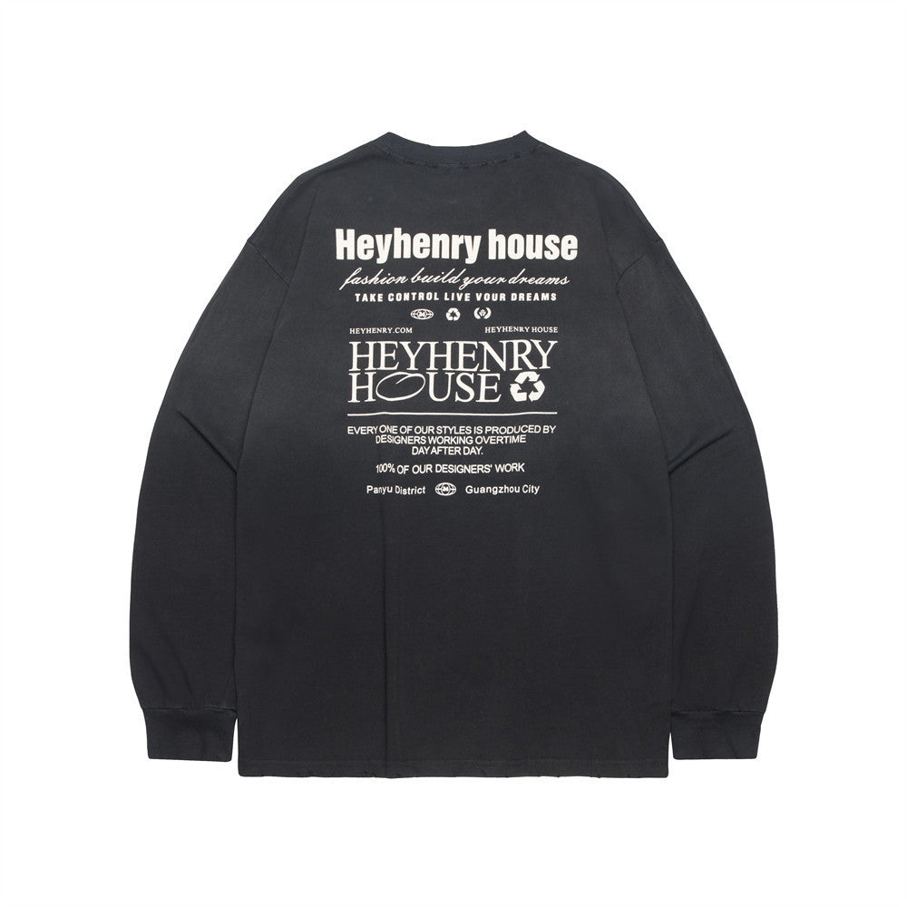 Men's Distressed Wash Street Fashion Punk Printed Letters Worn Round Neck Loose