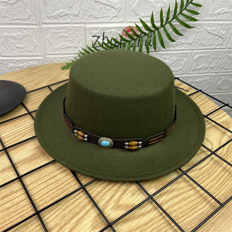 British Retro Woolen Wide Brim Flat Top Hat