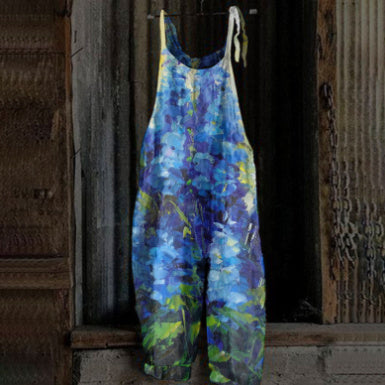 Women's Printed Street Hipster Fashion Multi-color Cotton And Linen Suspender Jumpsuit