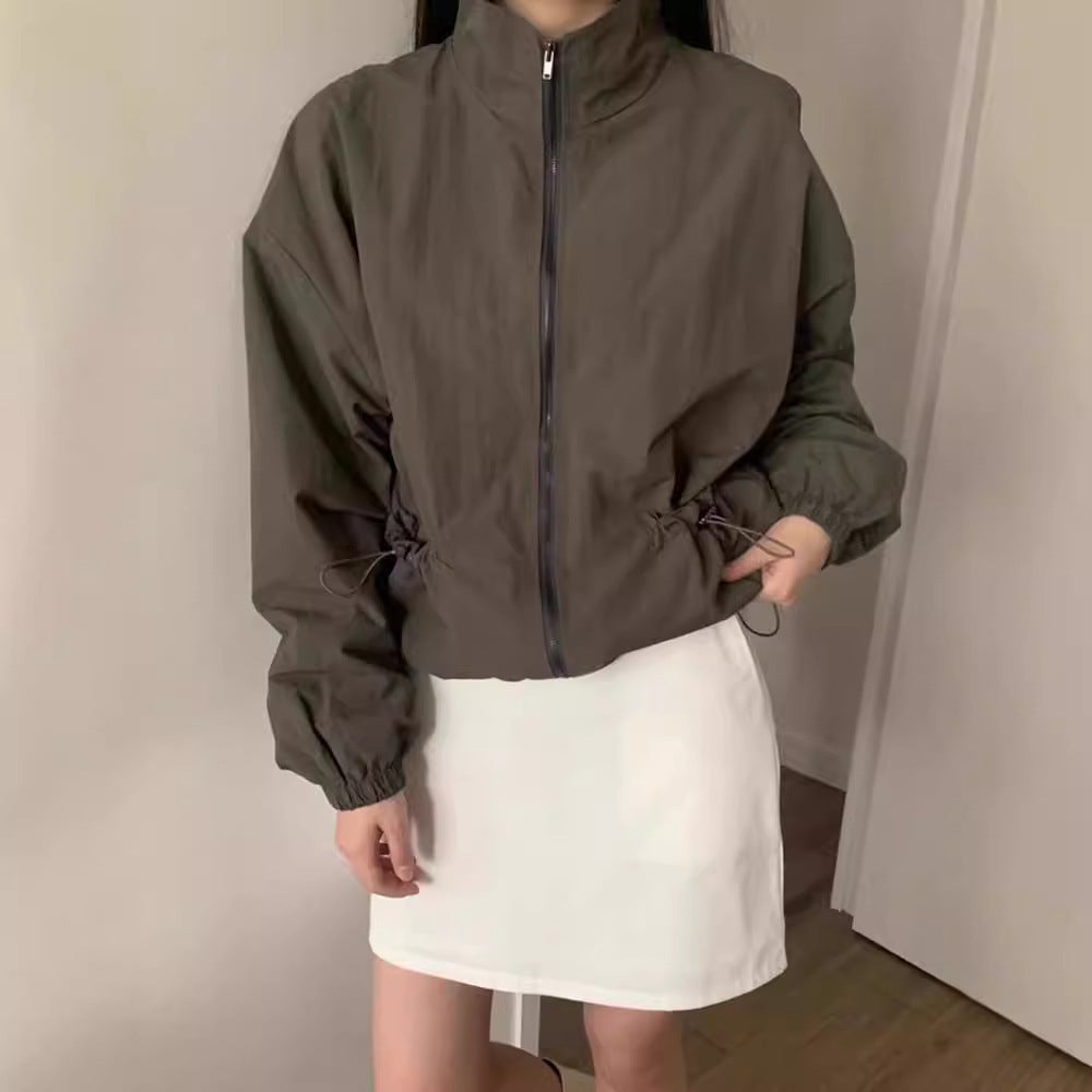 Leisure Cargo Style Drawstring Pocket Zipper Coat For Women