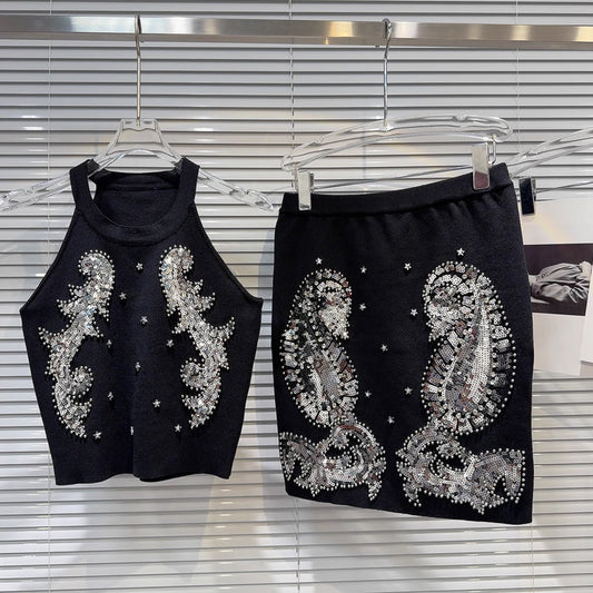 Niche Gaoding Silver Paillette Embroidered Knitted Vest Hip Skirt Suit