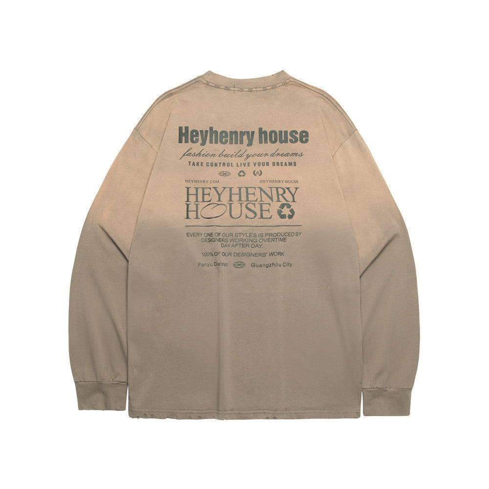 Men's Distressed Wash Street Fashion Punk Printed Letters Worn Round Neck Loose