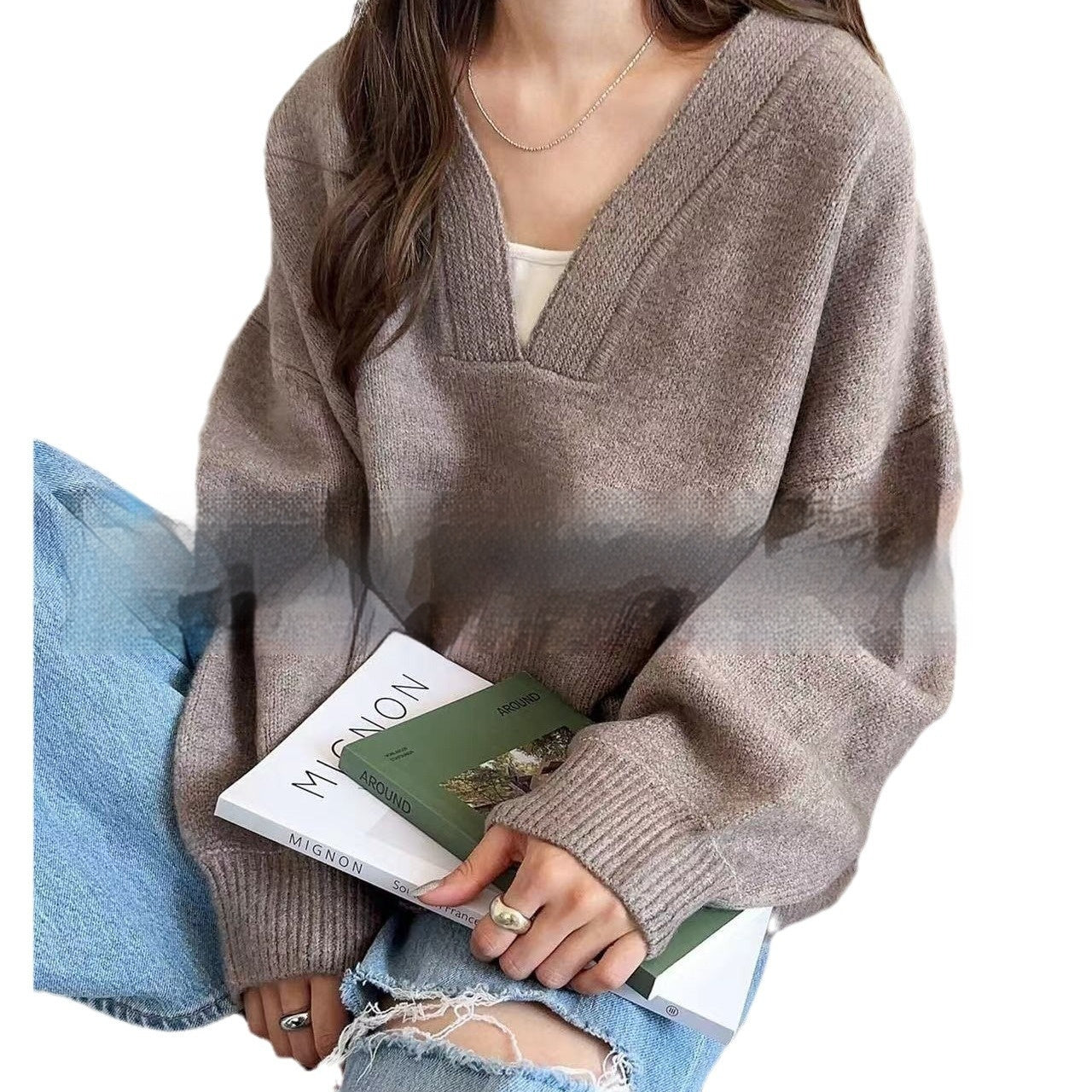 V-neck Versatile Long-sleeved Knitted Sweater