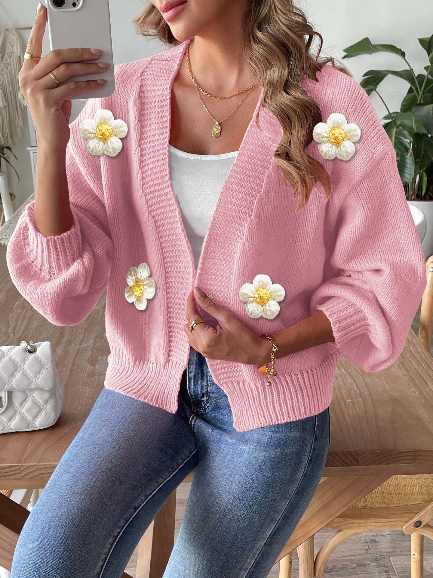 Women's Cardigan Crocheted Patchwork Knitting Long Sleeve