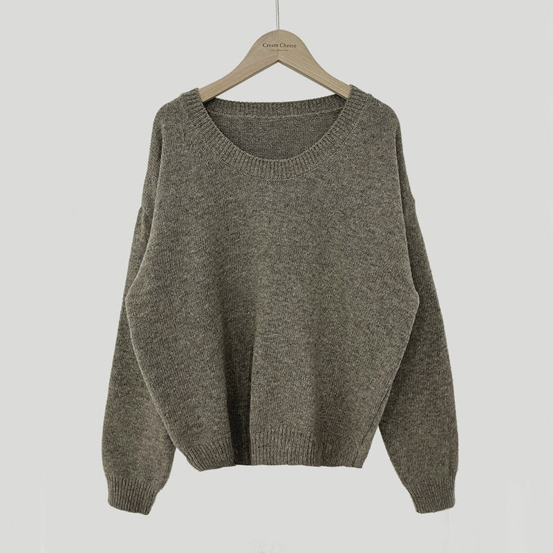All-matching Crew Neck Pullover Sweater Solid Color Long-sleeved Knitted Top