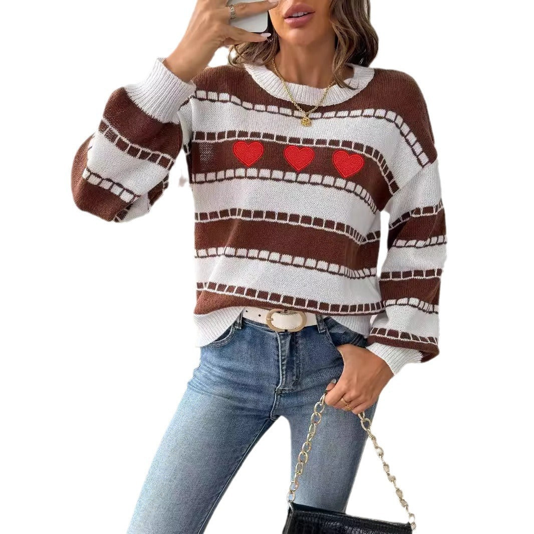 Women's Sweater Bottoming Shirt Color Contrast Patchwork Stripes