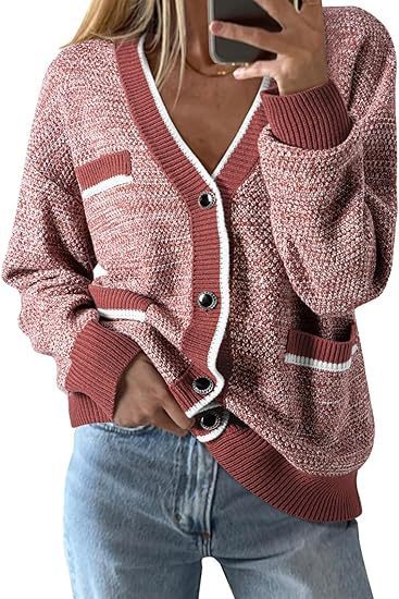 Women's V-neck Pocket Long-sleeved Knitted Cardigan Color Matching