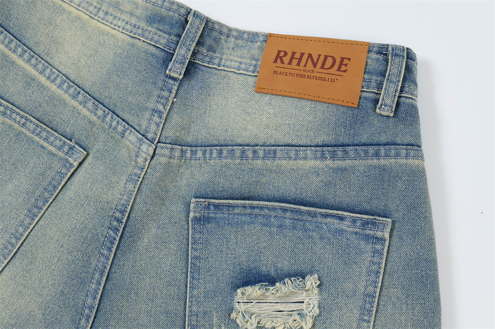 Punk Ripped Wash Denim Straight Cropped Pants