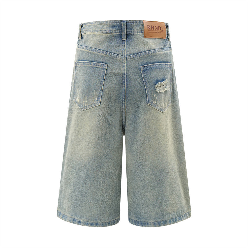 Punk Ripped Wash Denim Straight Cropped Pants