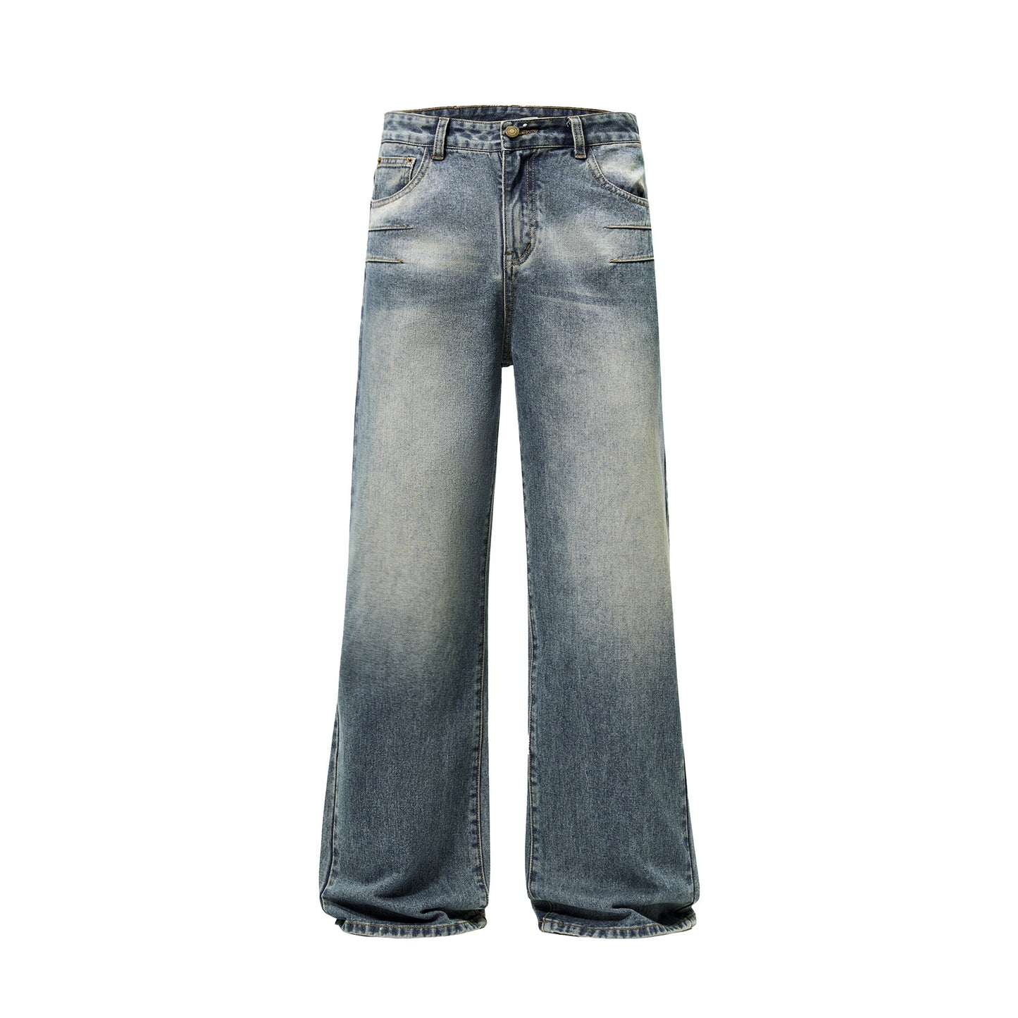 Washed Blue Pleated Jeans Men's Loose