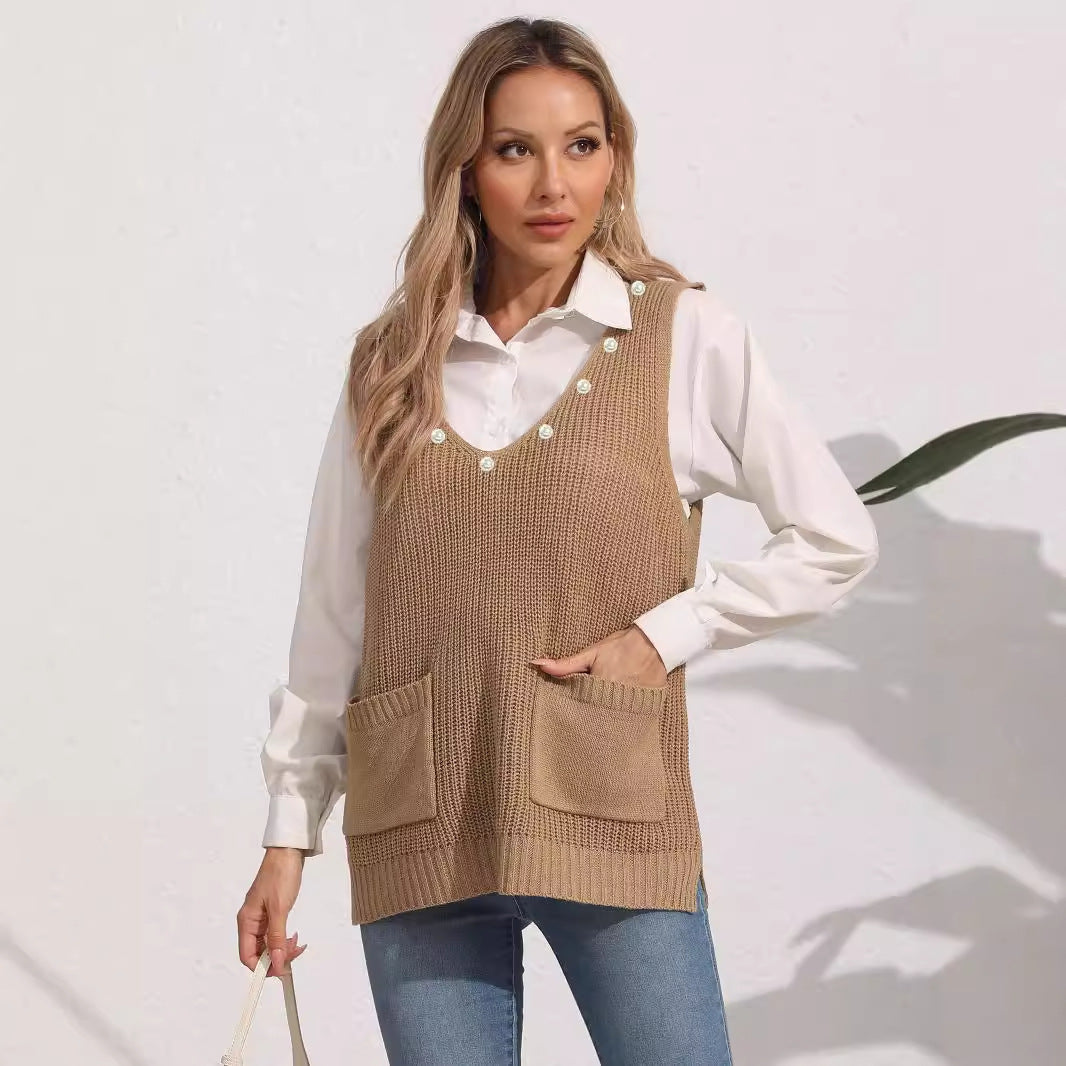 Women's Vest Double Pocket V-neck Patchwork