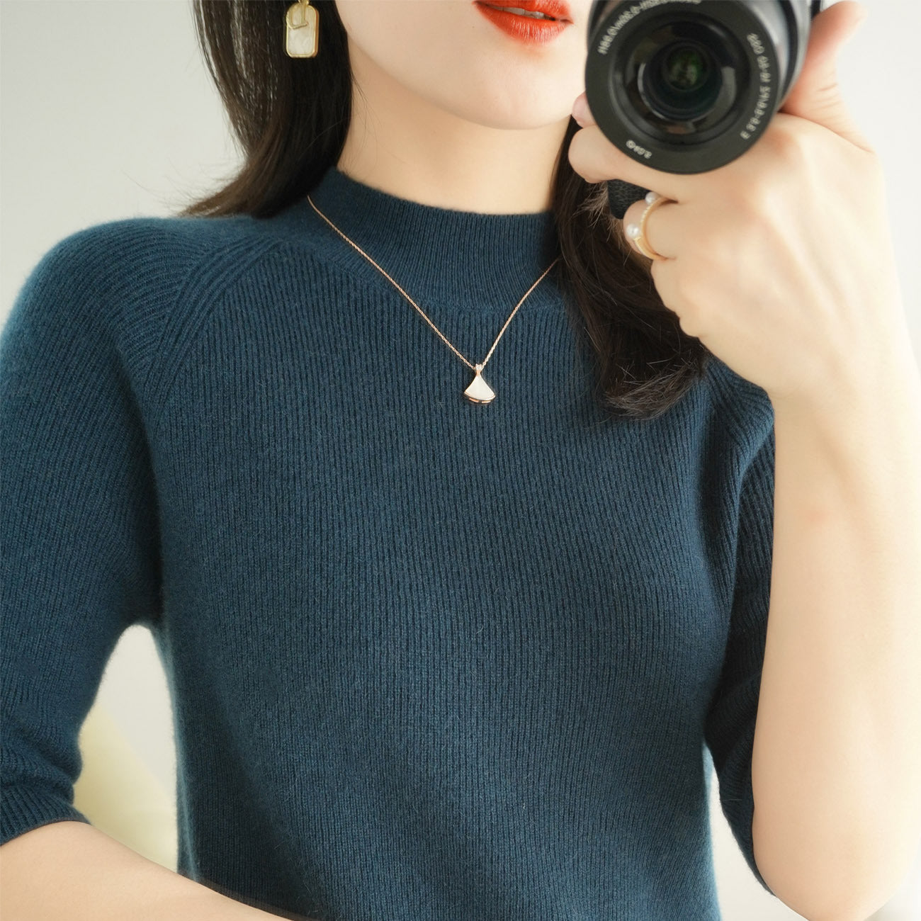 Wool Blended Autumn And Winter New Women's Mock-neck Mid-length Sleeve Knitwear