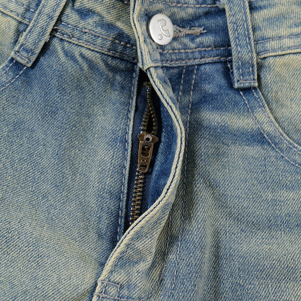 Punk Ripped Wash Denim Straight Cropped Pants