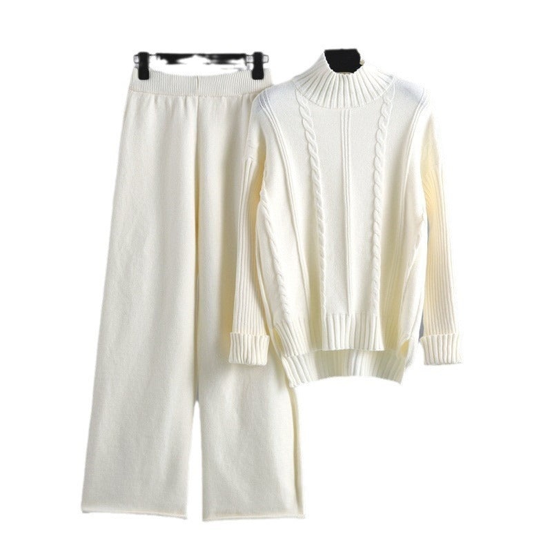 High-end Mock Neck Sweater Wide-leg Pants Suit Women