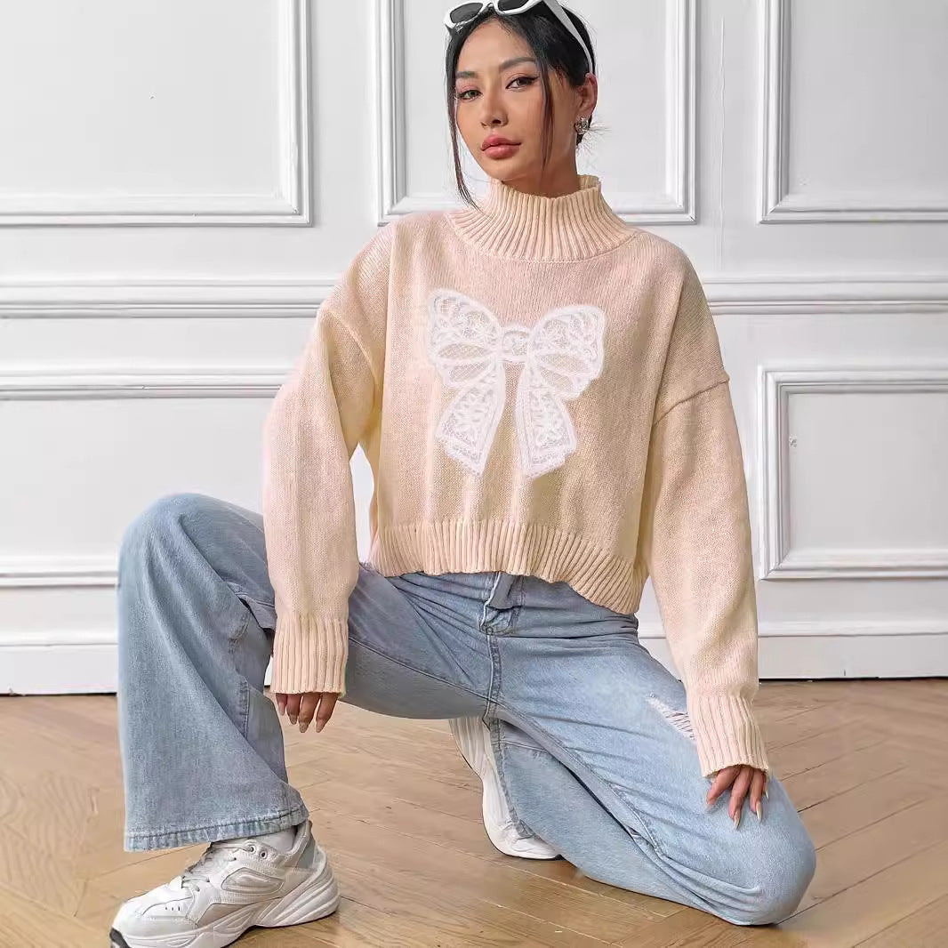 Women's Short Top Turtleneck Pullover Bow