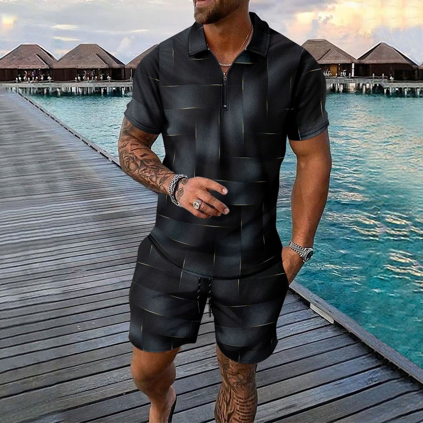 Digital Printing Zipper Short Sleeve Men