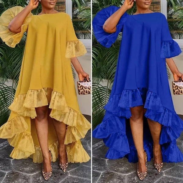 European And American Style Women 3-point Sleeve Irregular Hem Holiday Party Dress Lace Stitching Dress