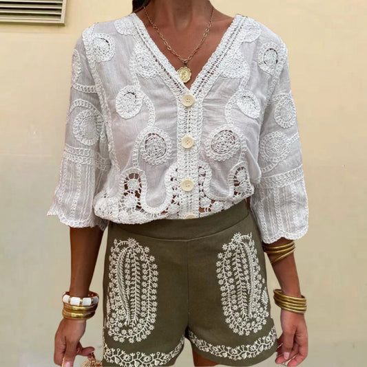 Fashion Sweet V-neck Single Breasted Loose T-shirt