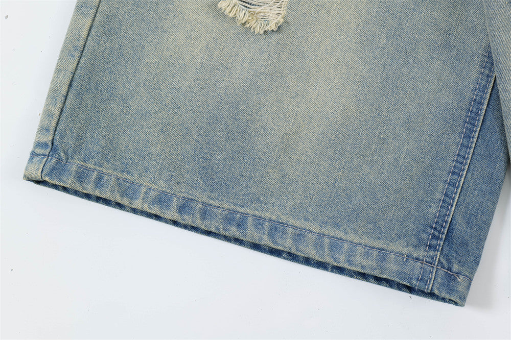 Punk Ripped Wash Denim Straight Cropped Pants
