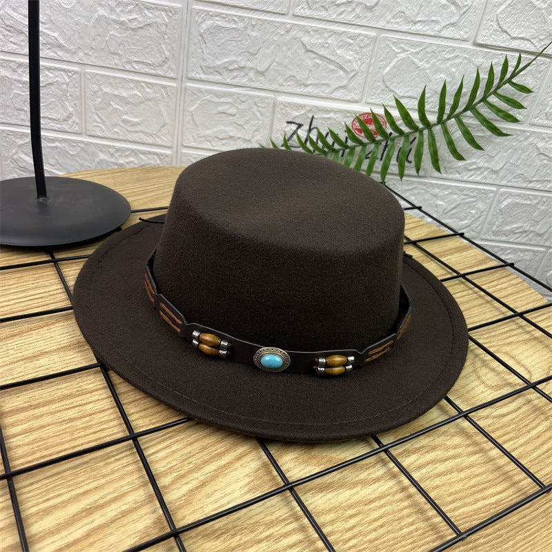 British Retro Woolen Wide Brim Flat Top Hat