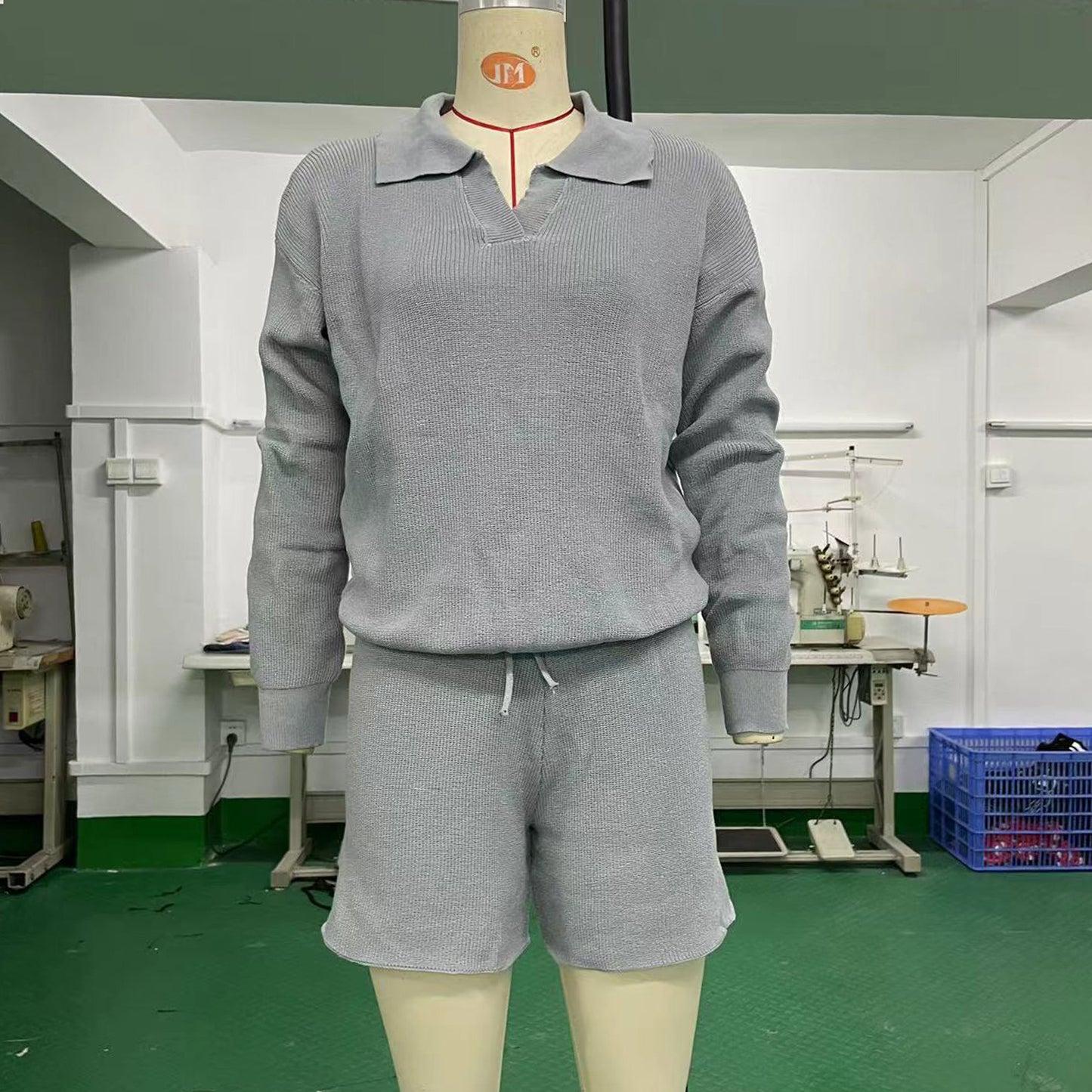 V-neck Long Sleeve Top Drawstring Wide Leg Shorts Casual Two-piece Sweater