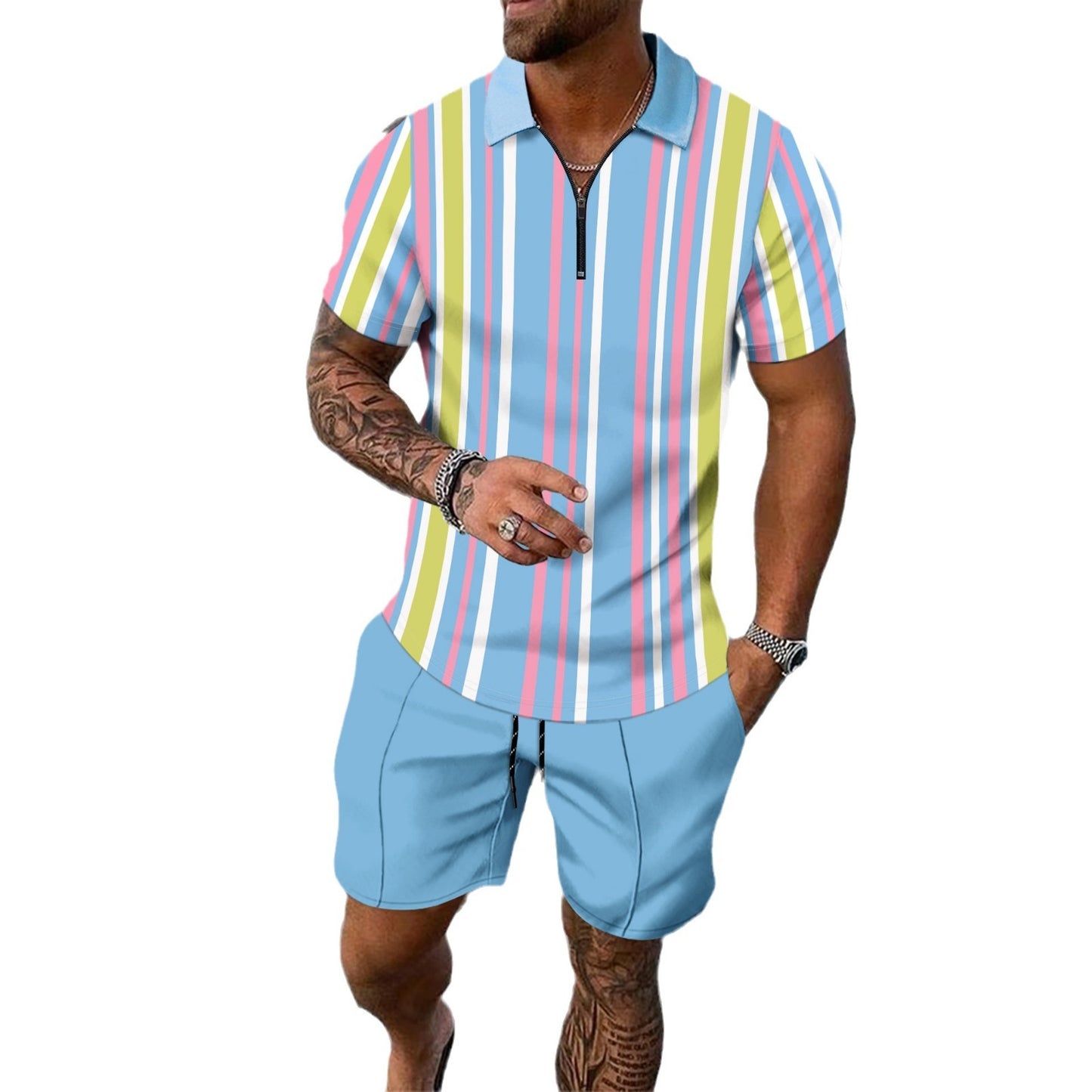 Striped Printed Short Sleeve Shorts