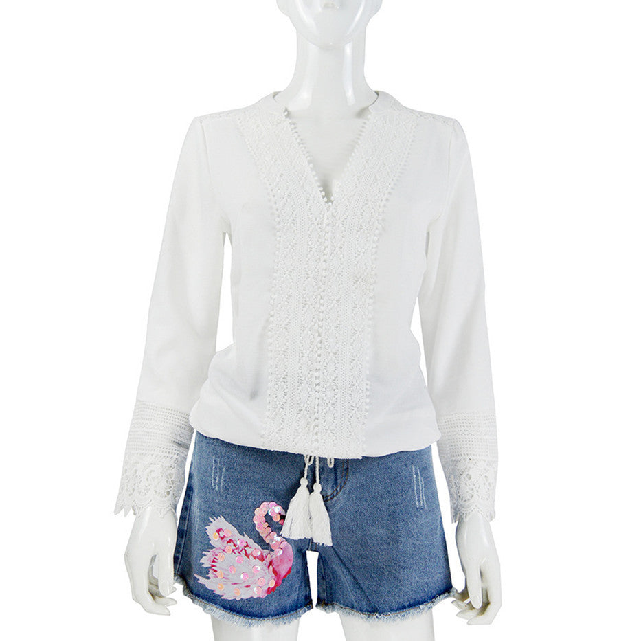European And American Ladies Top Spring And Autumn Tassel Drawstring Chiffon Shirt