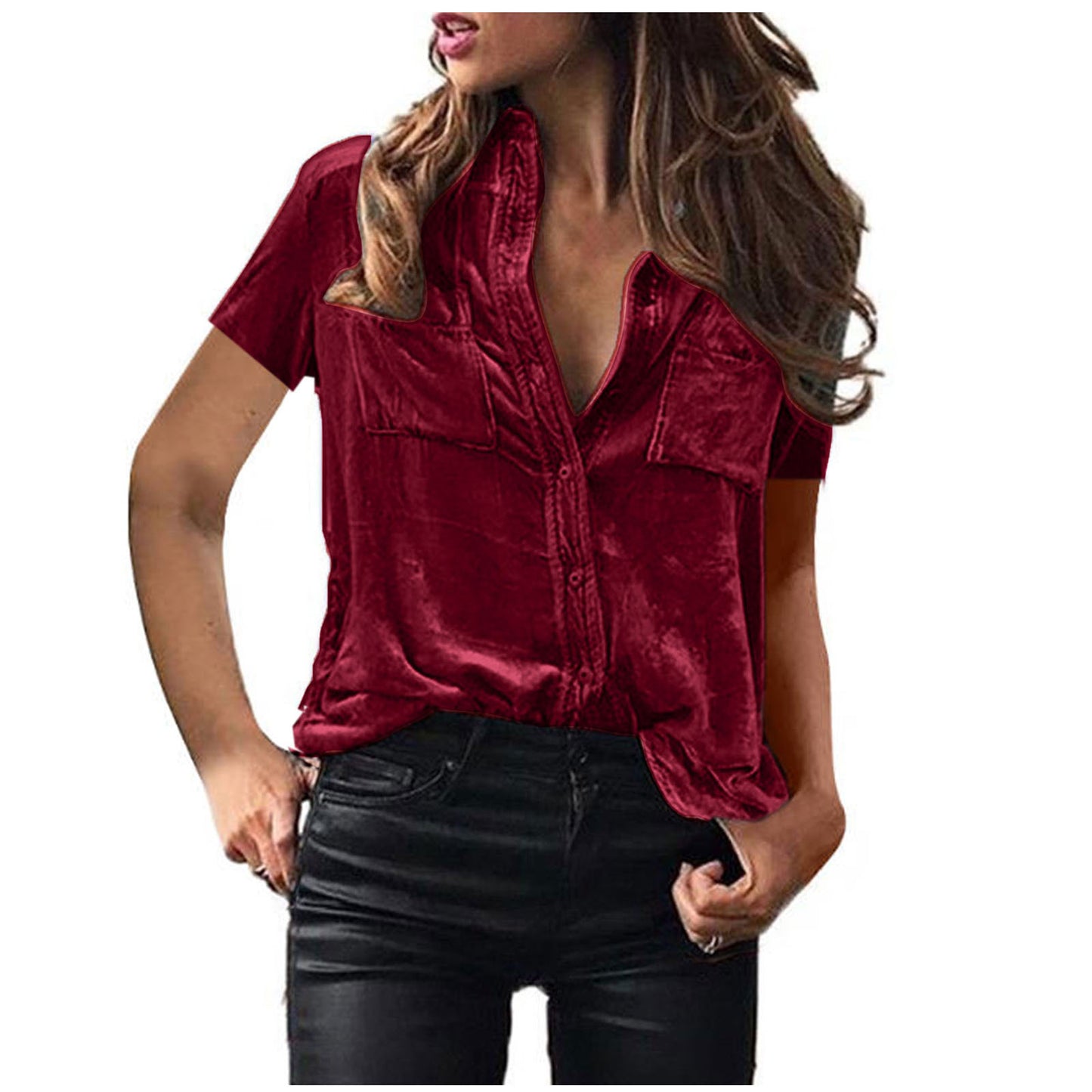 European And American Spring And Summer Pocket Shirt Top Solid Color Elegant Long Sleeve Shirt For Women