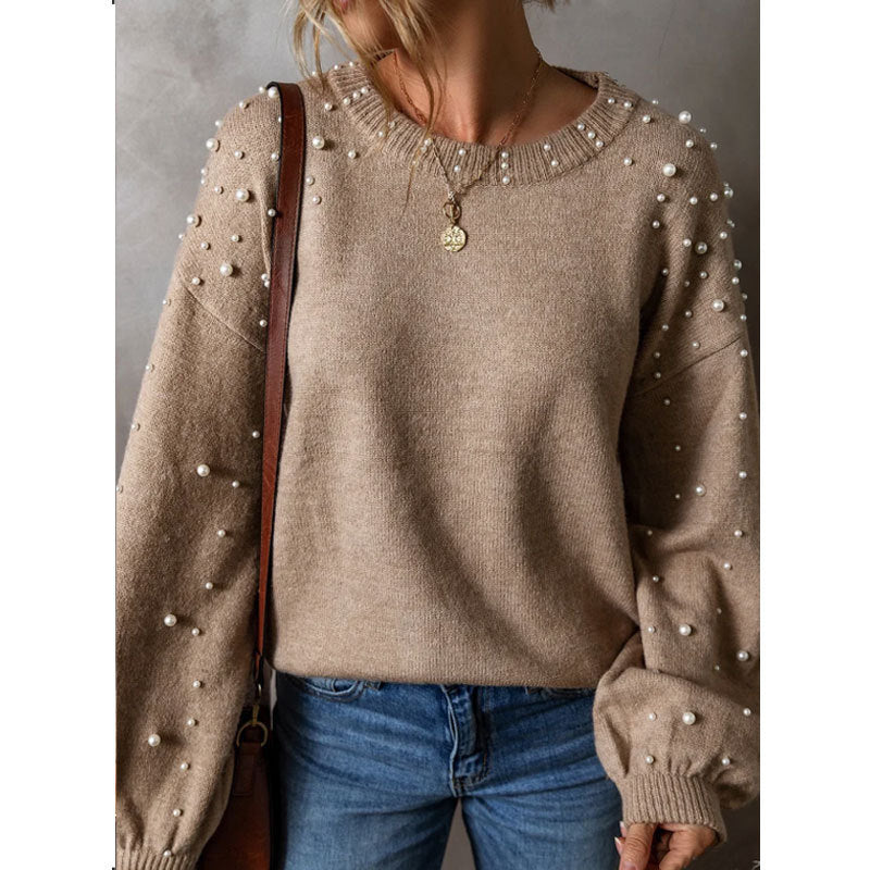 Women's Loose Beaded Round Neck Pullover Long Sleeve Sweater