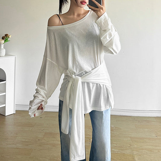 New Fall Women's Clothing Solid Color Loose Diagonal Collar Top