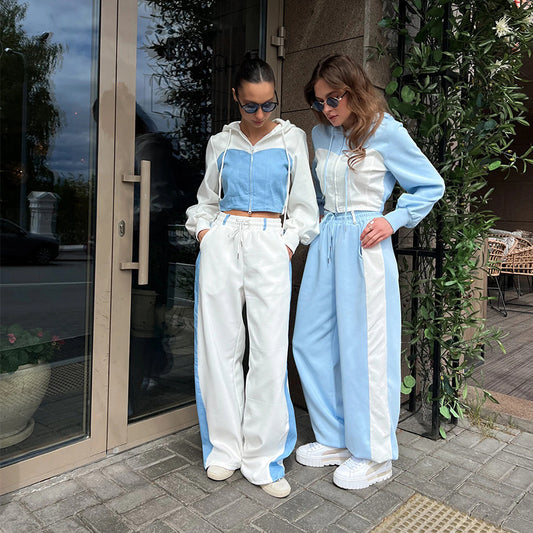 Casual Contrast Color Long Sleeve Color Matching Cardigan Cap Sweatpants Two-piece Set