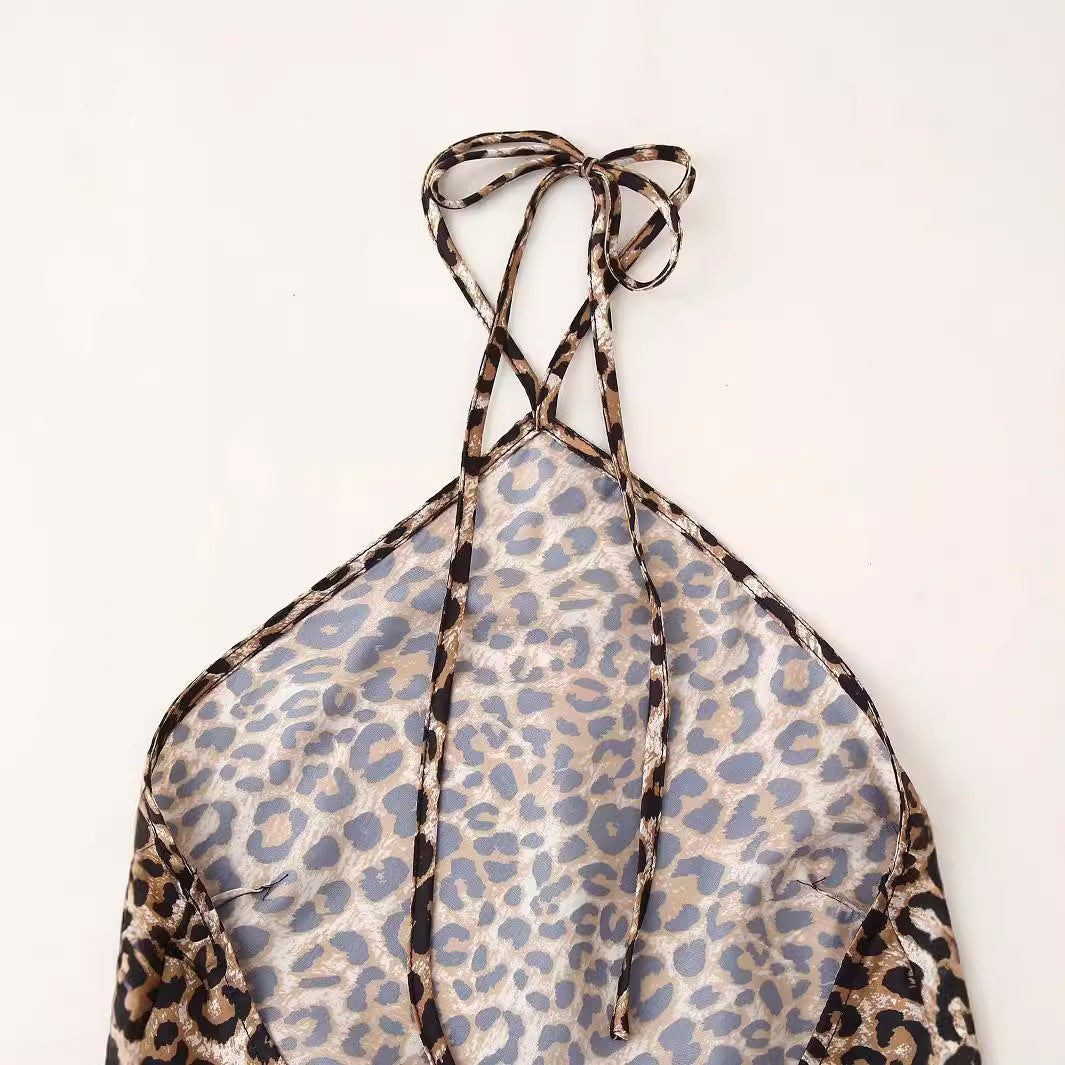 Women's Leopard Print Halter Silk Satin Dress