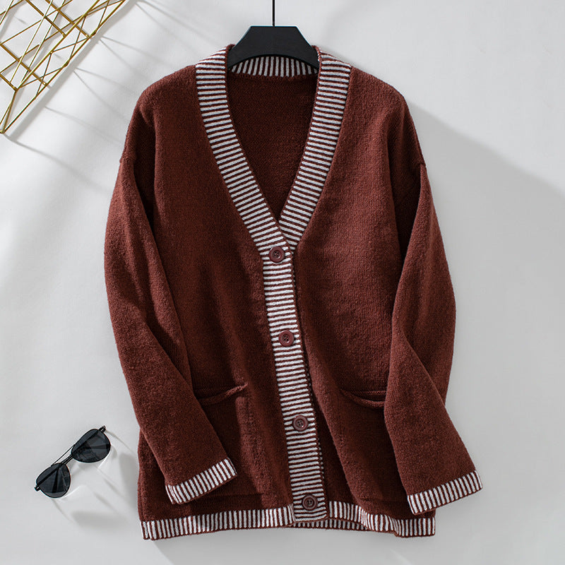 Women's Knitwear Striped Contrast Color V-neck Single Breasted