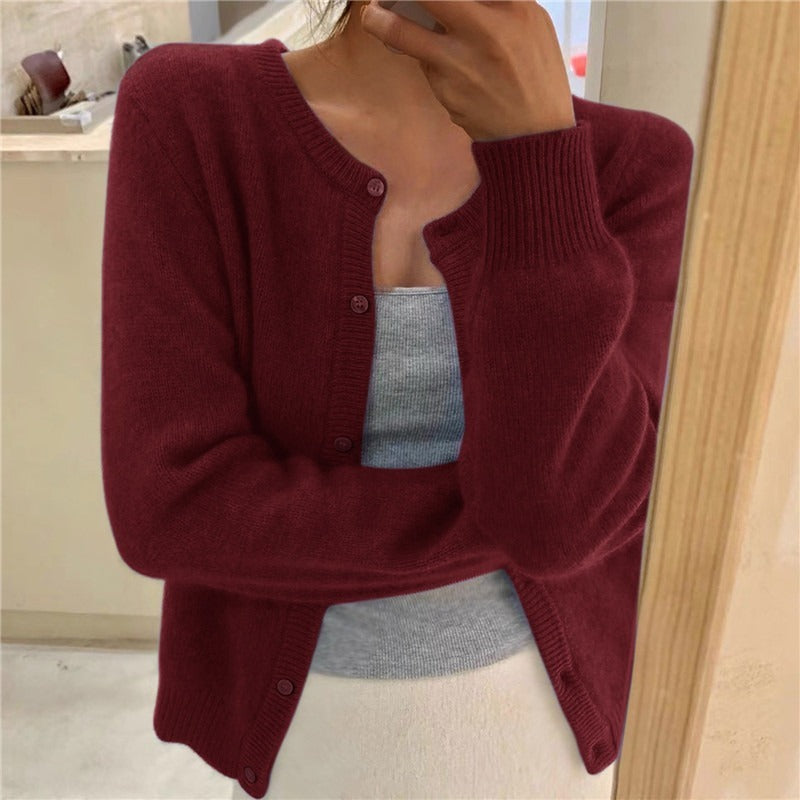 Women's Round Neck Solid Color Knitted Cardigan