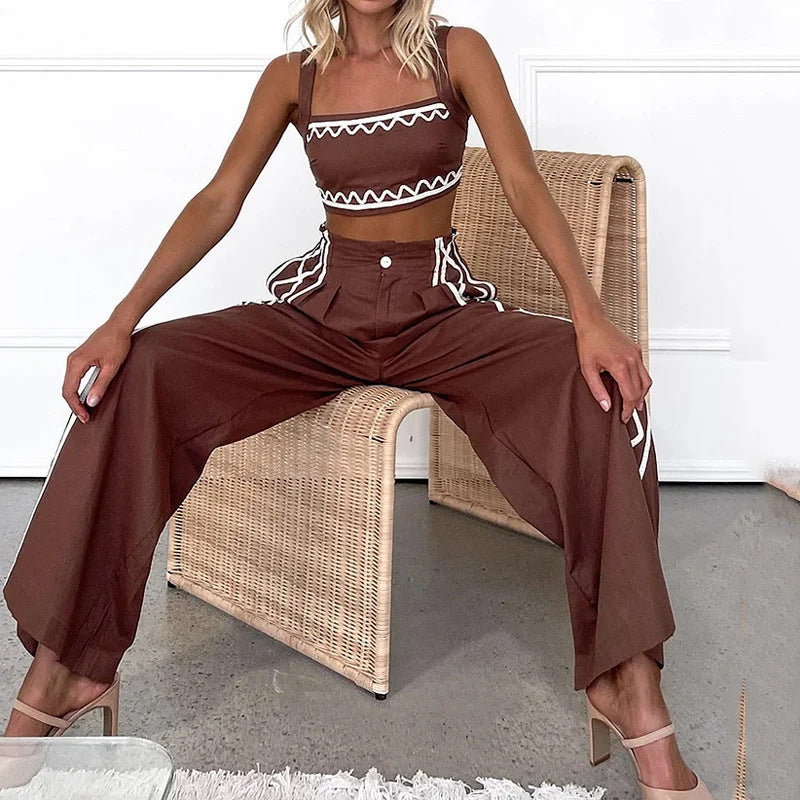 Women's Sexy Crop-top Spaghetti-strap Trousers Two-piece Suit