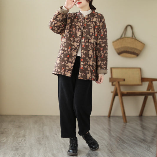 Floral Stand Collar Loose And Warm Cotton-padded Coat
