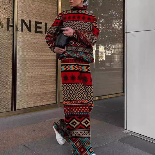 Women's Fashion Printed Loose High Collar Long-sleeved Two-piece Suit