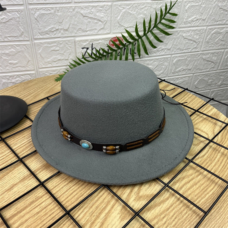 British Retro Woolen Wide Brim Flat Top Hat