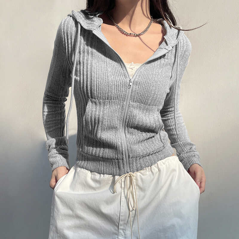 Autumn And Winter Gray With Zipper Cardigan Short Hooded Knitted Jacket