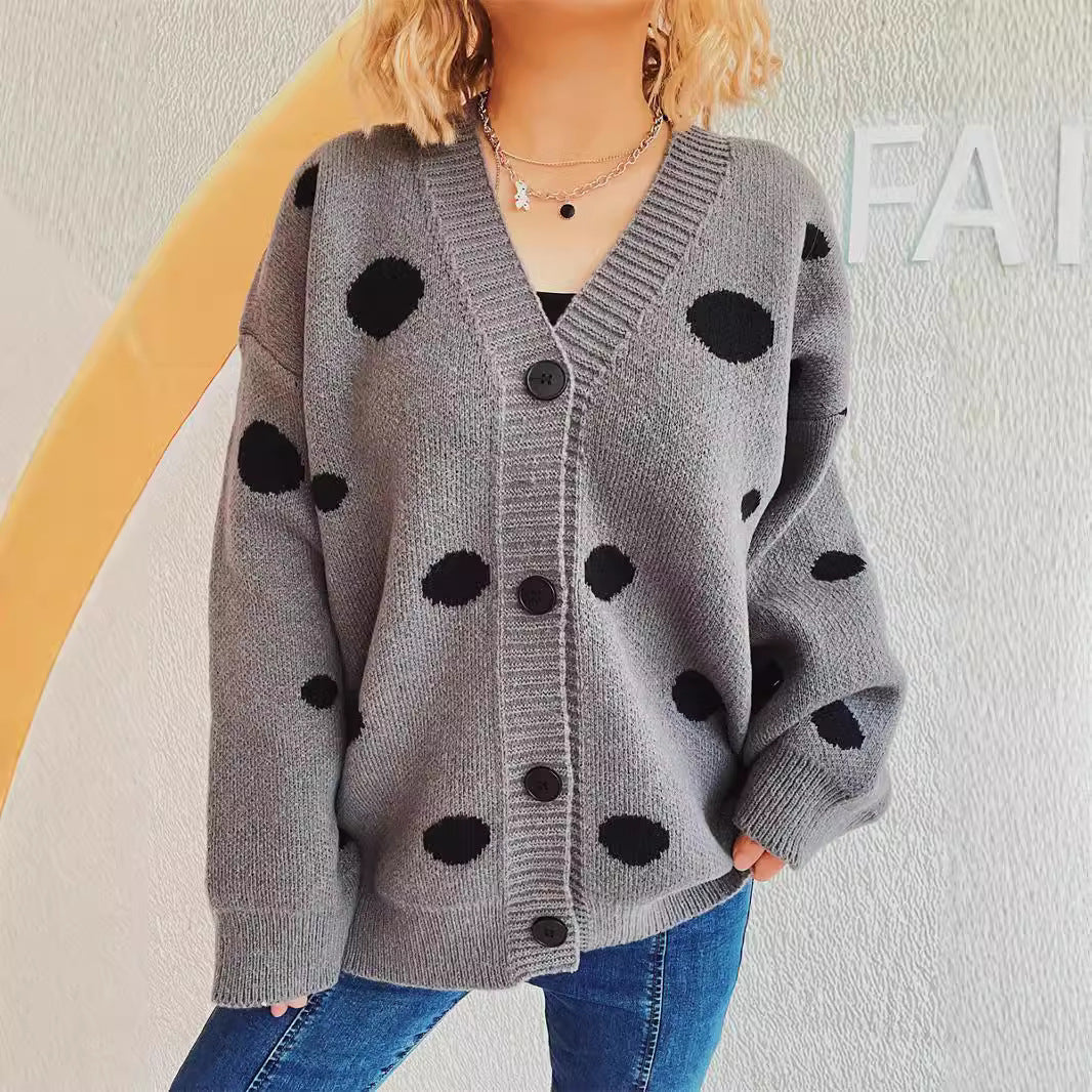 Big Dot Jacquard Knitted Cardigan V-neck Coat Women