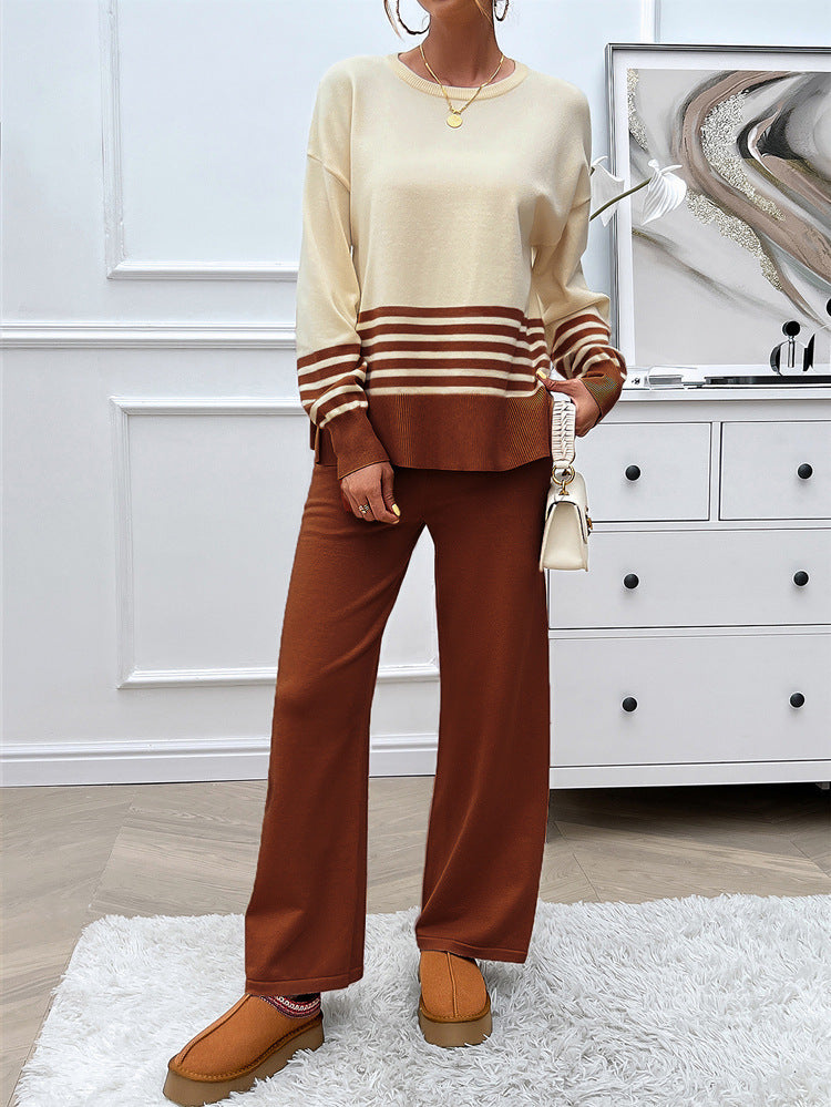 Contrast Color Straight-leg Trousers Sweater Suit