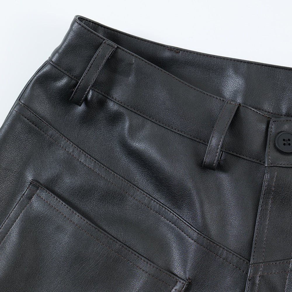 Men's Loose Cool Straight Pocket Inside-out Wear Design PU Leather Shorts