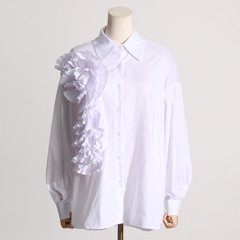 Design Sense Stitching Ruffle Three-dimensional Flower Casual Shirt
