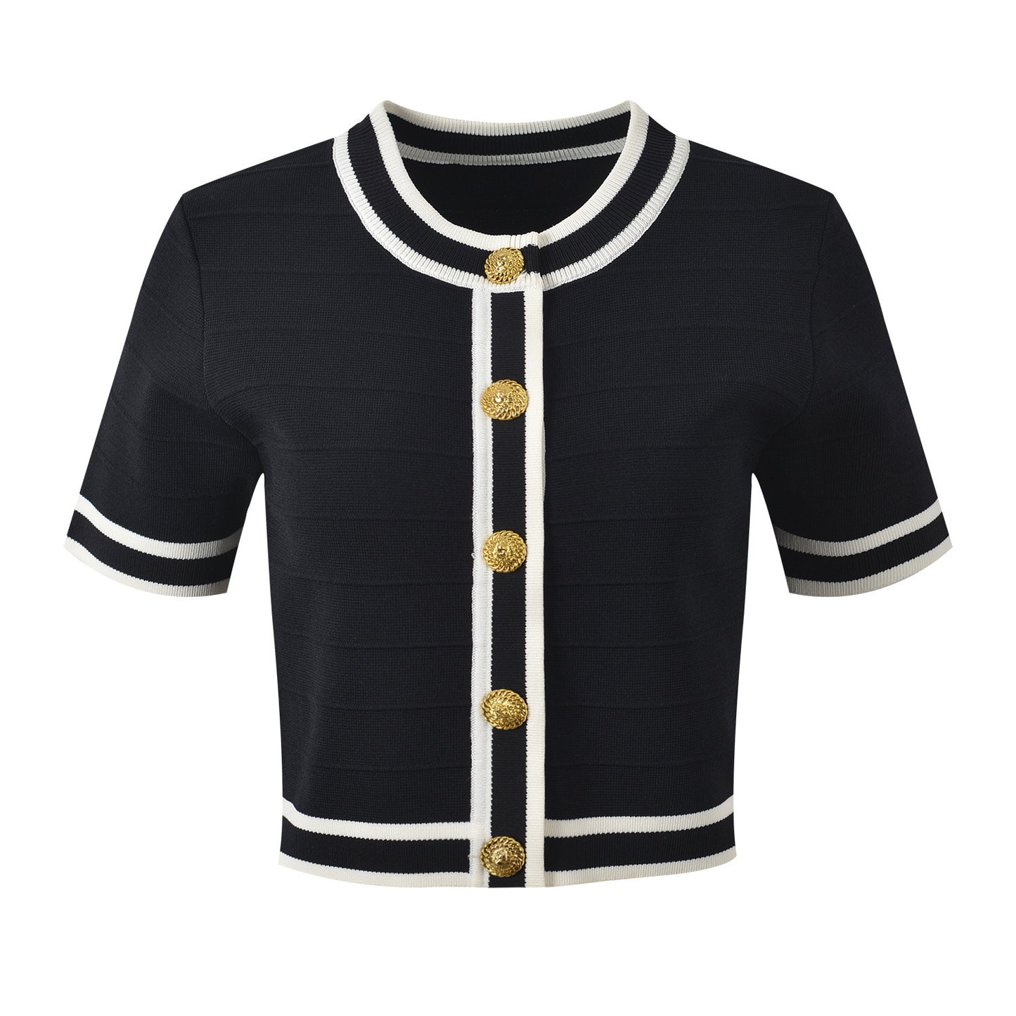 Temperament Slim-fit Contrast Colors Gold Buckle Round Neck Cardigan Two-piece Set