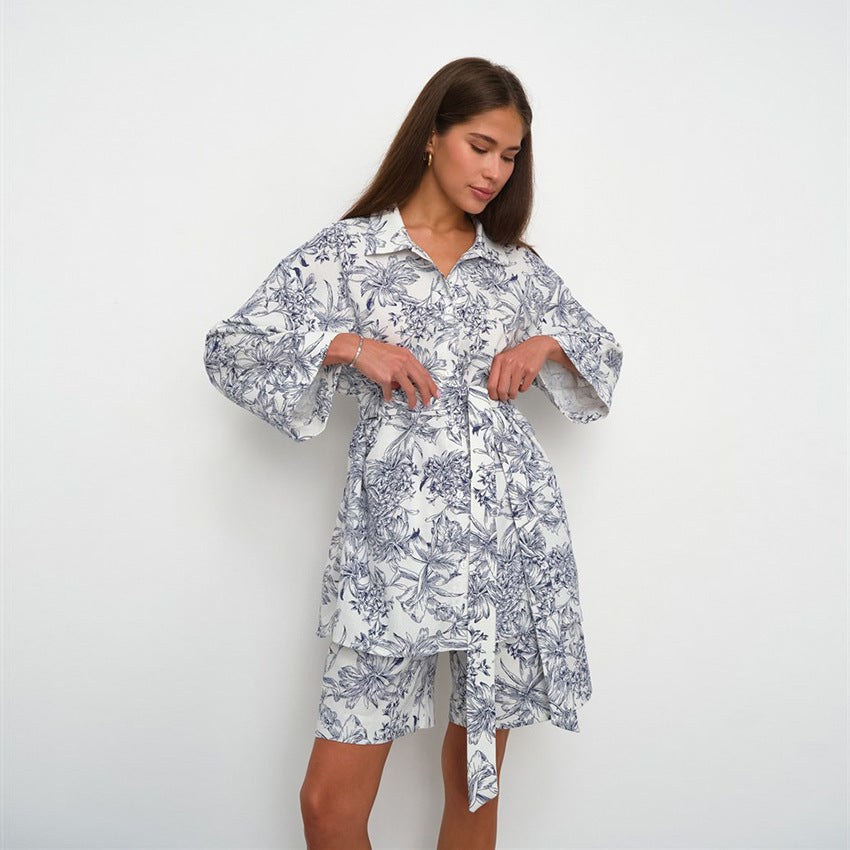Women's Printed Lace-up Long Sleeve Shirt Loose Two-piece Suit