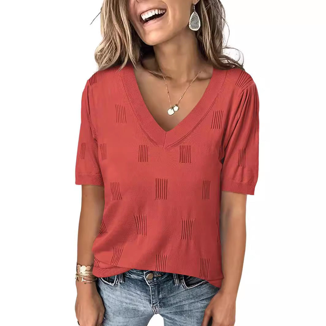V-neck Lightweight Thin Knit Sweater With Short Sleeves