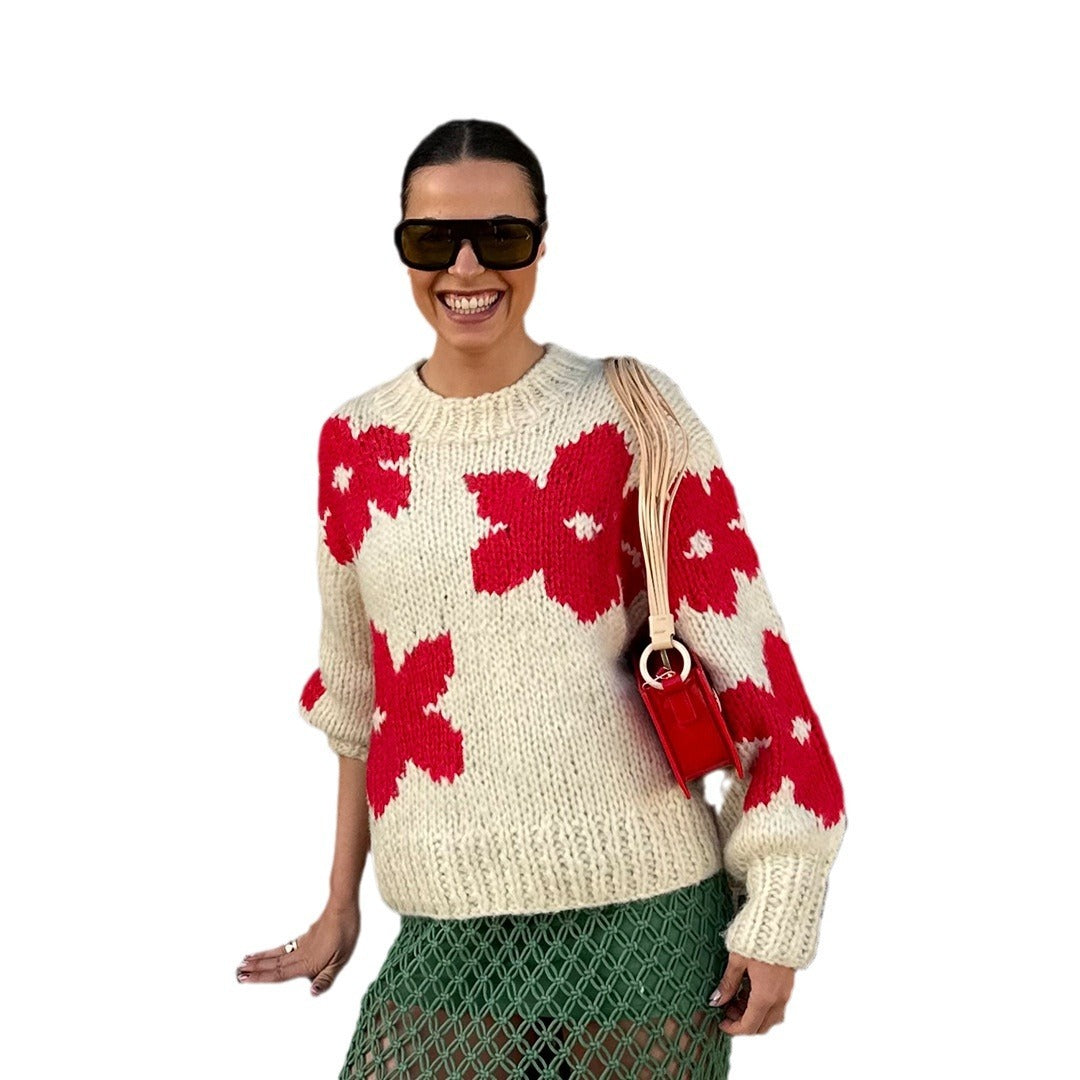 New Pullover Knitted Sweater Fashion Round Neck Flower Sweater