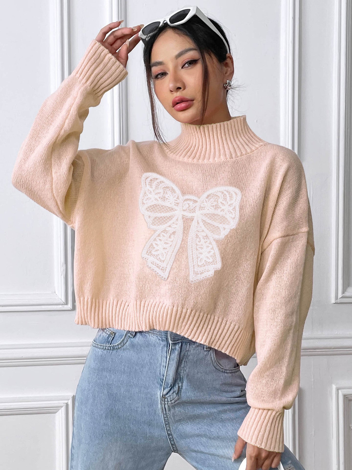 Women's Short Top Turtleneck Pullover Bow